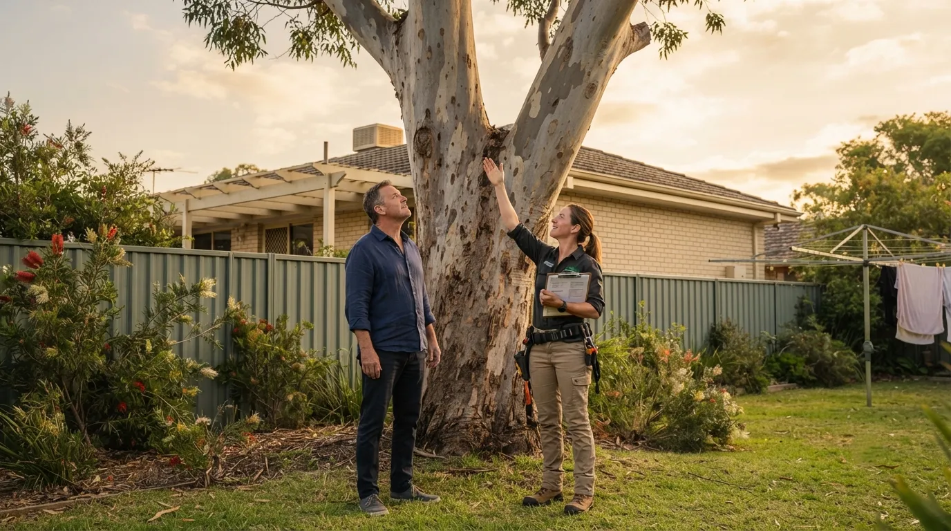 A consulting arborist assessing a large gum tree in an Australian backyard