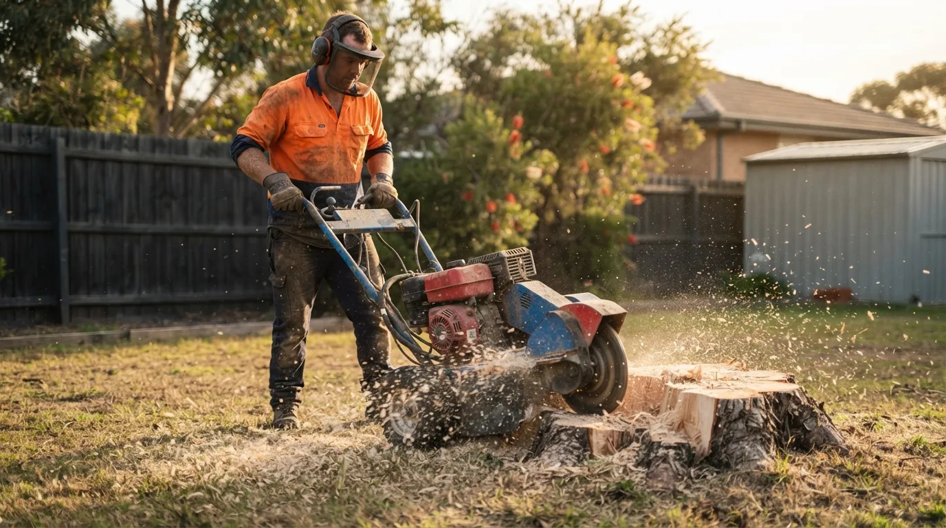 A tree worker in high-vis and a face shield grinding a wide pale stump on a dry Australian back lawn, woodchips spraying into the air