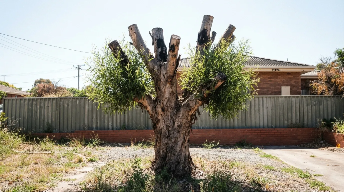 A lopped tree cut back to blunt bare stubs with clumps of new regrowth bursting from the cuts, in an Australian front yard