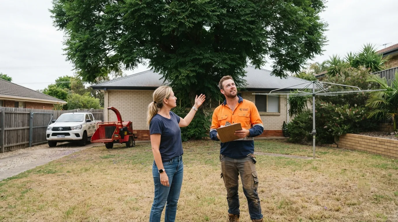 A homeowner and an arborist looking up at a large backyard tree while working out a pruning quote