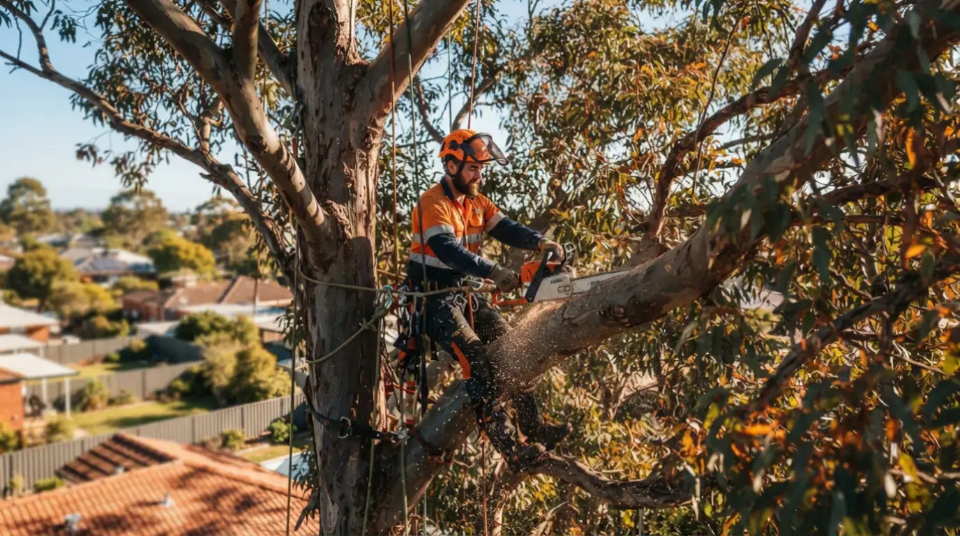 An arborist removing a large eucalypt in an Australian backyard