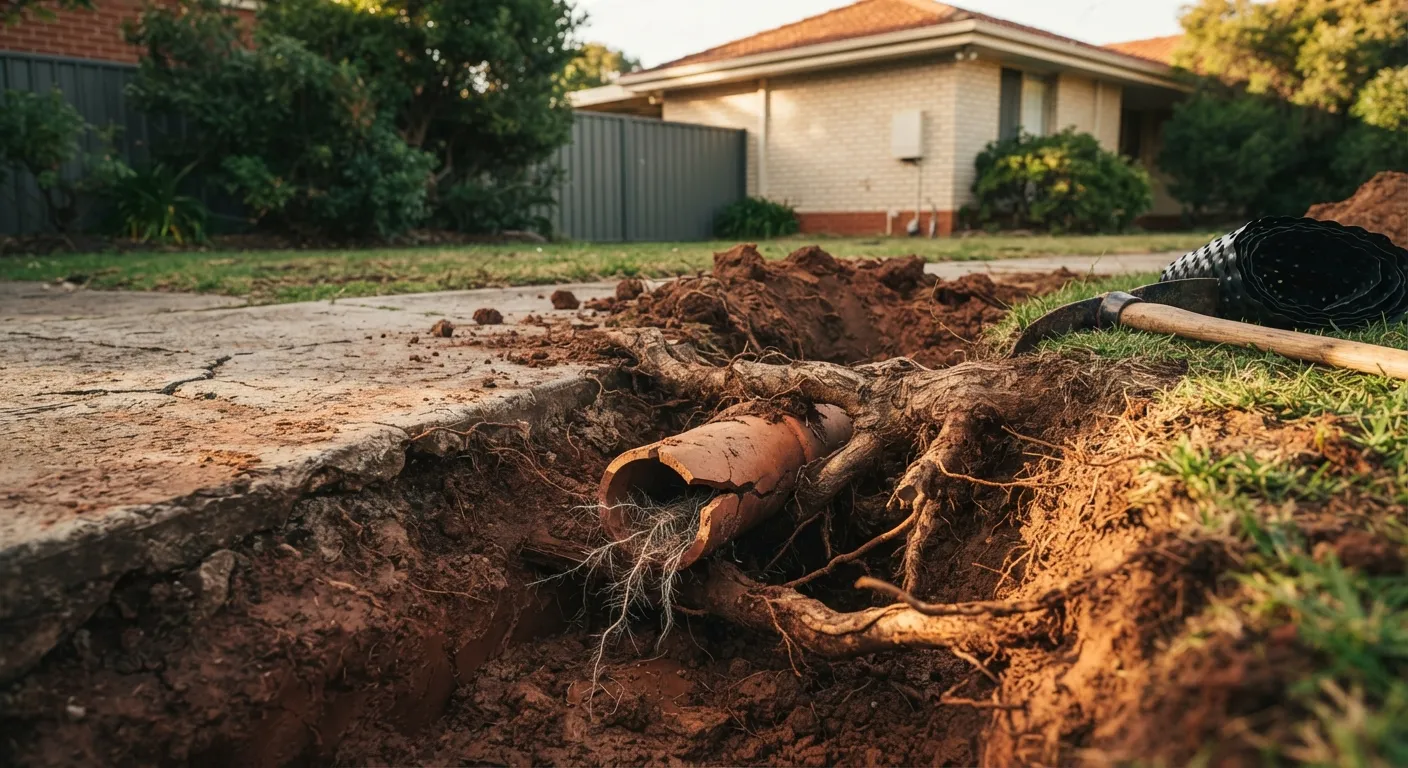 Tree roots growing through a broken clay sewer pipe in a trench beside a cracked concrete path