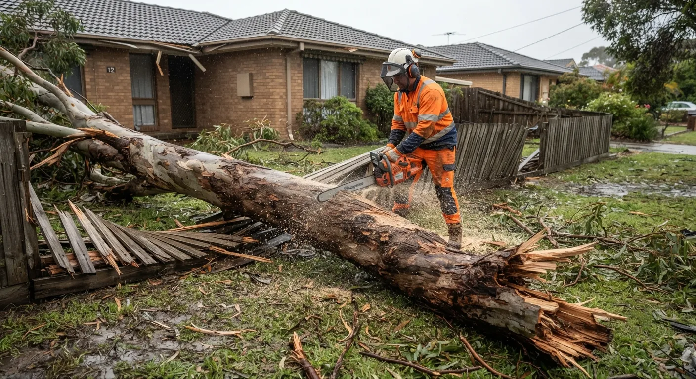 An arborist in orange hi-vis cutting through the trunk of a large fallen eucalypt with a chainsaw, the tree lying across a suburban front lawn where it has flattened a timber paling fence