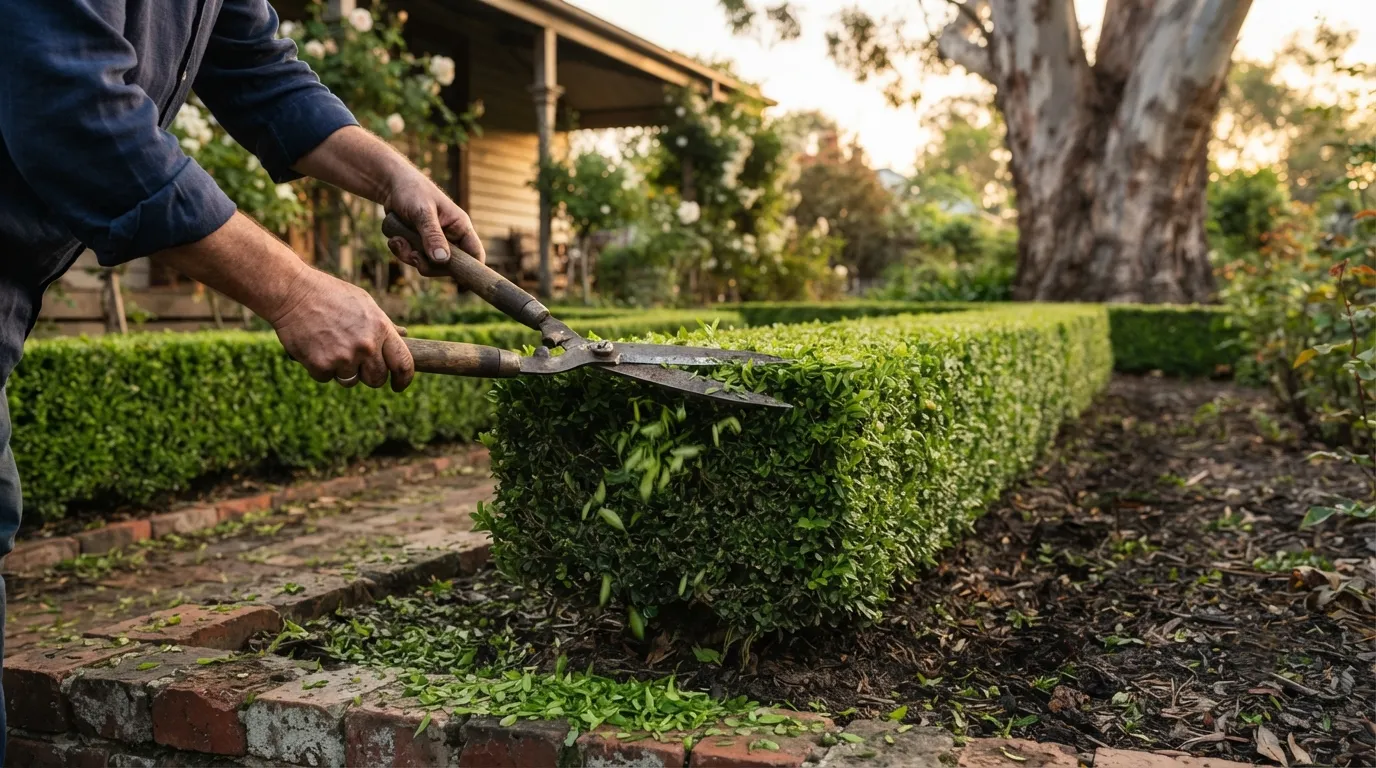Hands on long wooden-handled hedge shears clipping the flat top of a low formal box hedge beside a red brick path, a cream weatherboard house and a large gum tree behind in warm evening light