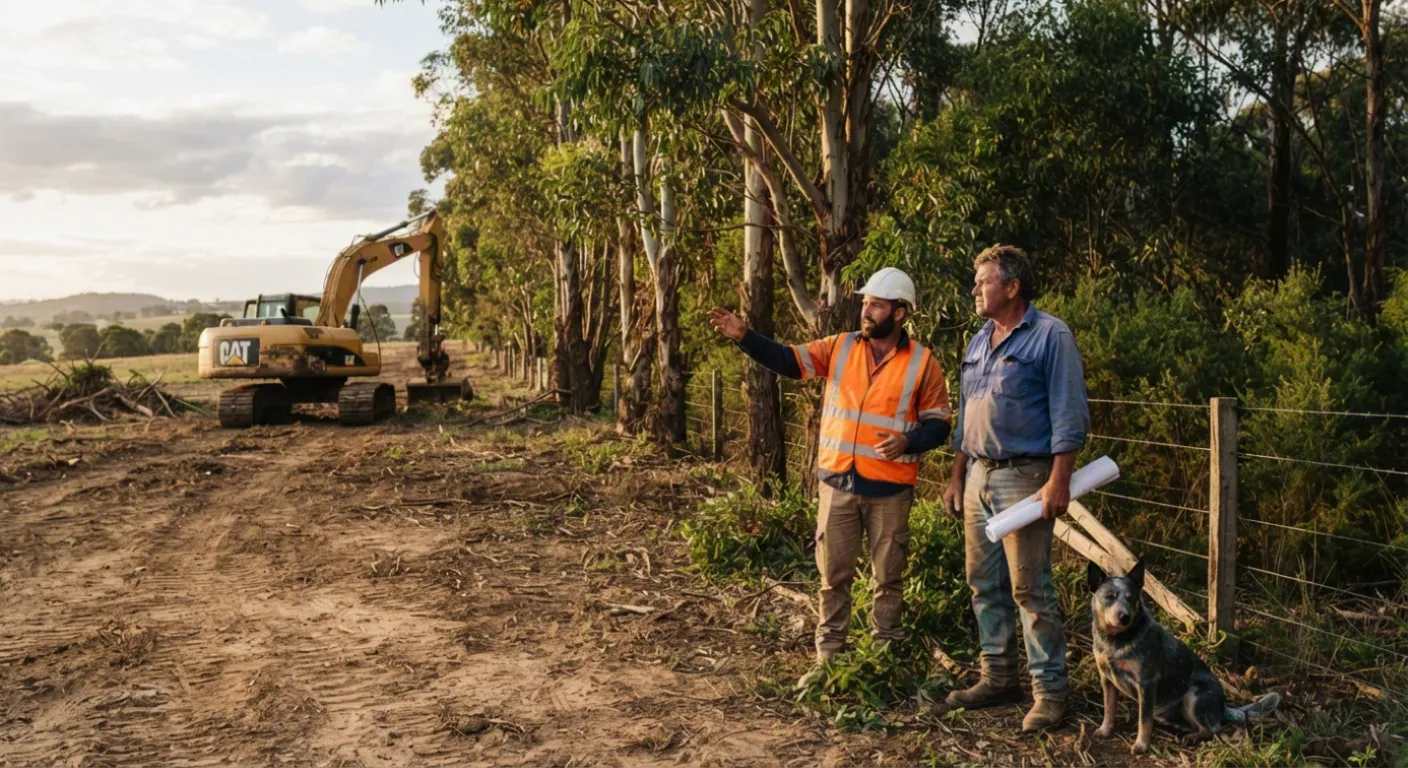 A land clearing contractor in a high-vis vest and hard hat talking with a landowner at the edge of a half-cleared rural block, an excavator parked behind them