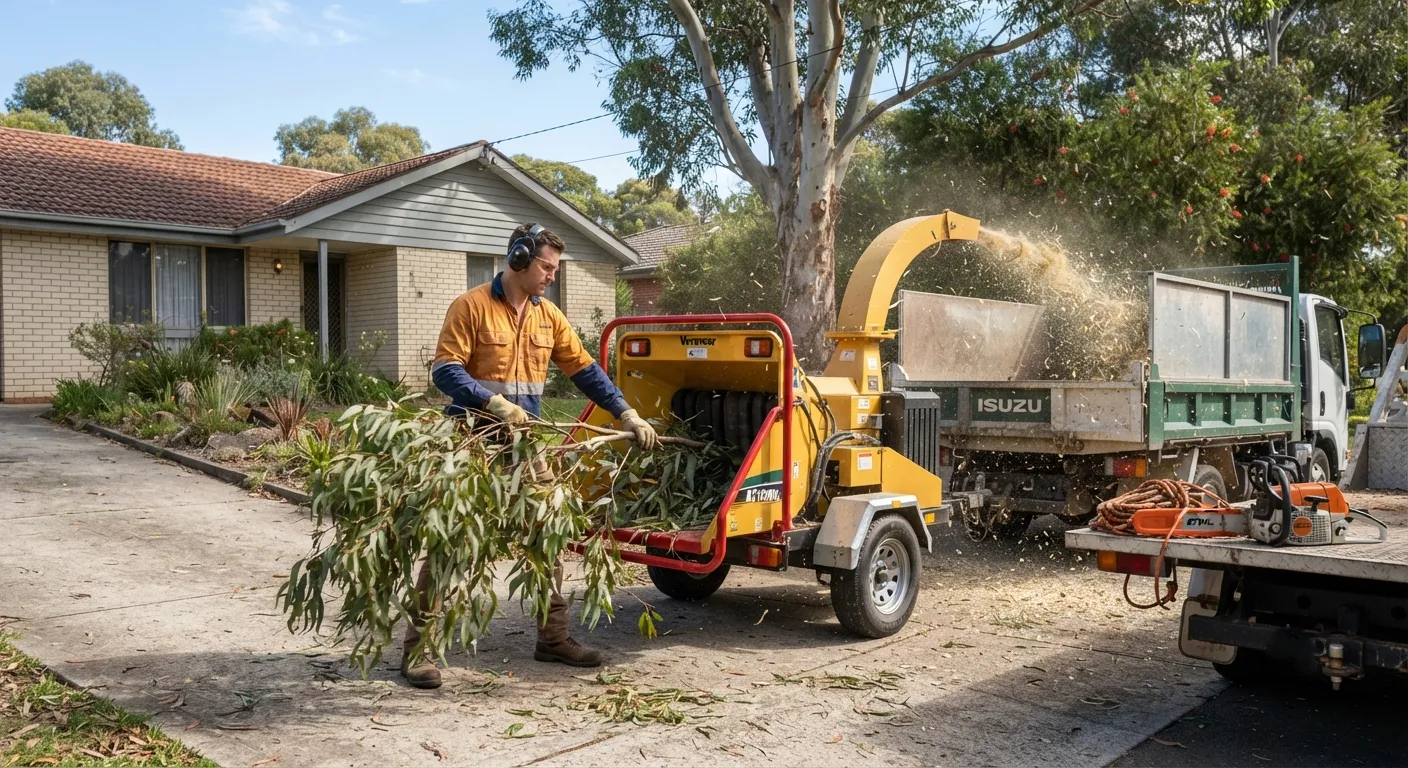 An arborist in ear defenders lifting a leafy eucalypt branch toward a yellow towable wood chipper on a suburban driveway, woodchip spraying into the tipper truck behind