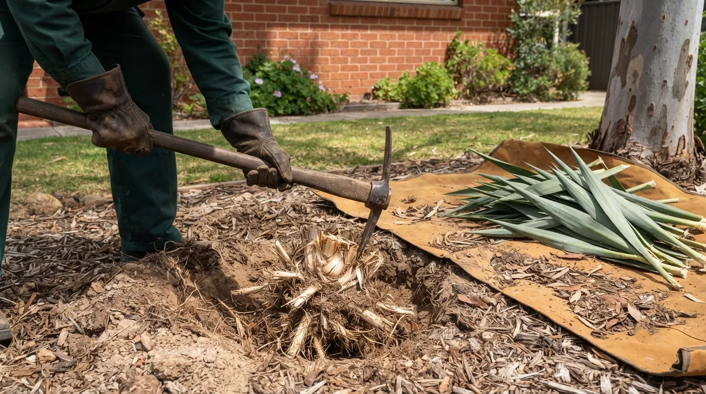 Gloved hands working a pick-mattock into the soil beside a pale fibrous root crown dug out of a mulched garden bed, cut grey-green strap-shaped leaves stacked on a tarpaulin beside it and a smooth-barked gum behind