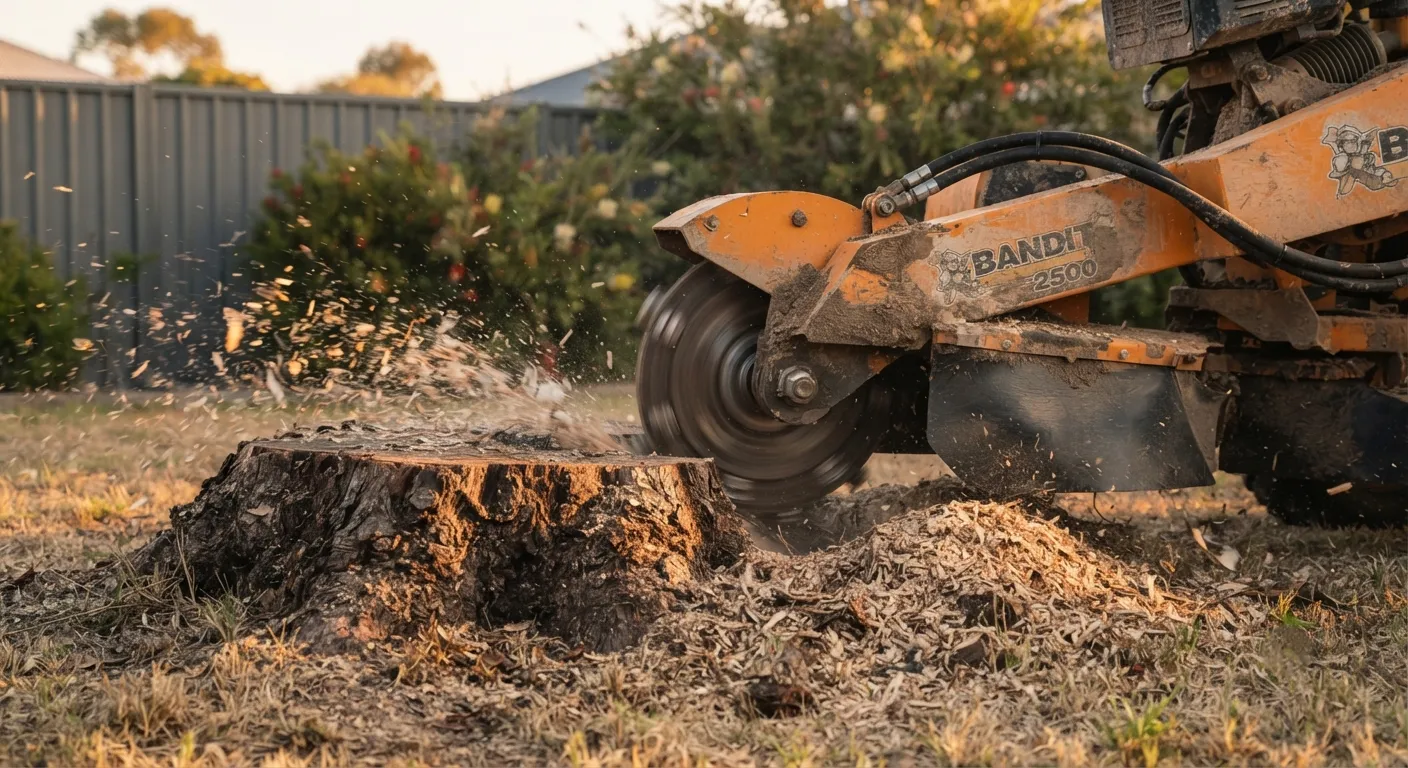 An arborist grinding a eucalypt stump below ground level in an Australian backyard