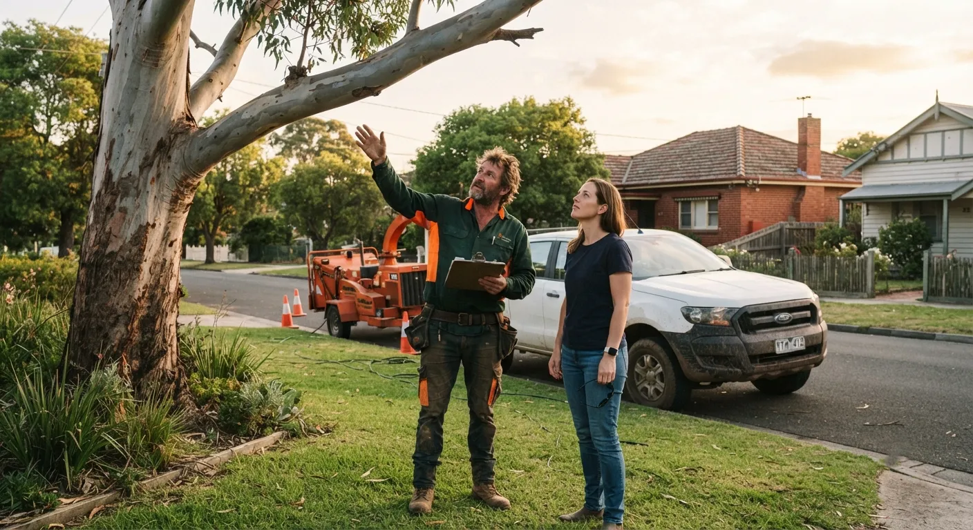 An arborist holding a clipboard points up at a limb of a large smooth-barked gum while a homeowner beside him looks up at the same branch, a wood chipper and ute parked at the kerb behind them in warm evening light