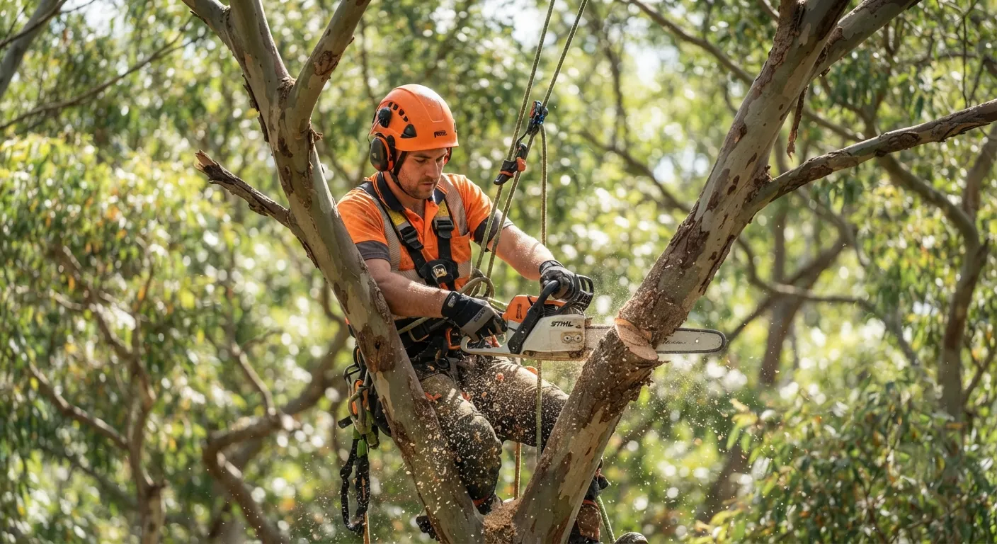 A climbing arborist on rope making a pruning cut in the canopy of a mature Australian gum tree