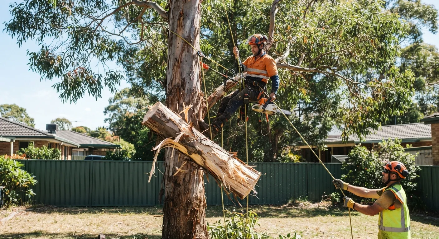 A qualified arborist and a homeowner in an Australian front yard, looking up at a large leaning gum tree